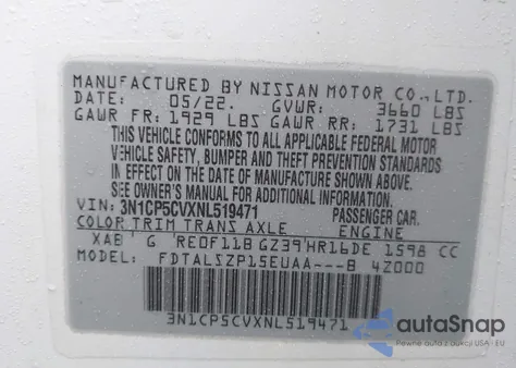 2022 Nissan Kicks Sv Xtronic Cvt z USA, uszkodzony, nr VIN 3N1CP5CVXNL519471